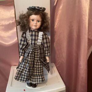 Classic Plaid Porcelain Doll with Hat